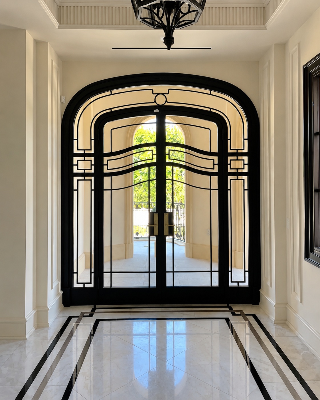 Arched European-style glass entry doors with decorative metal framing