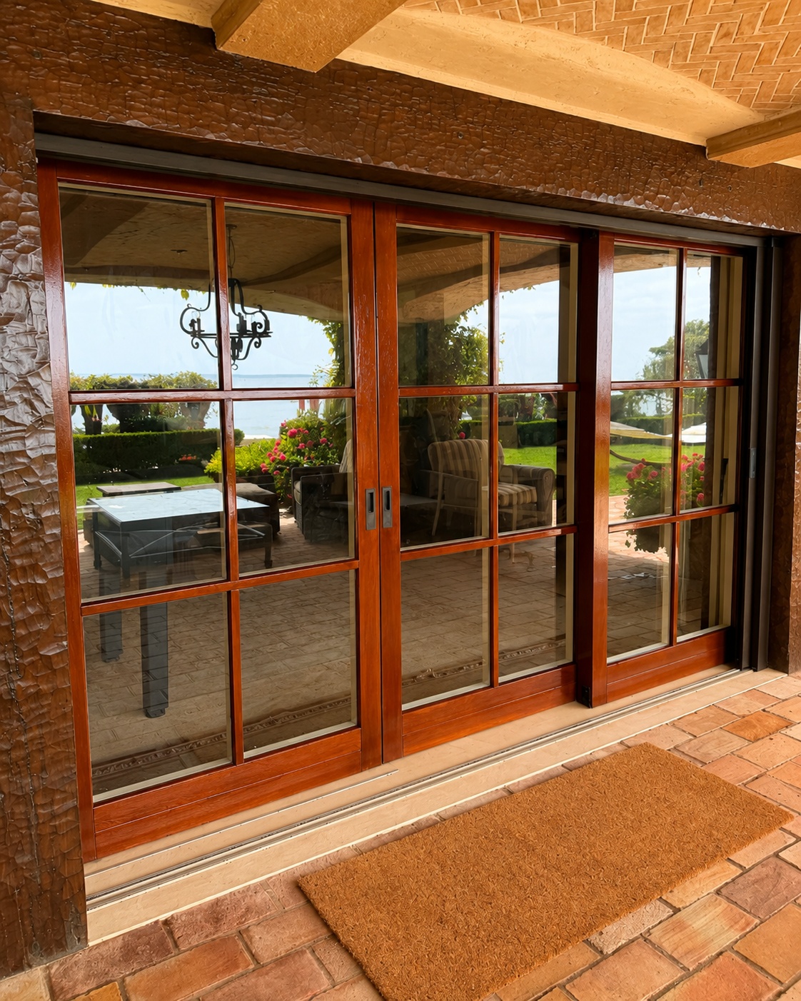 Wood-framed sliding glass door open to a patio with an ocean view